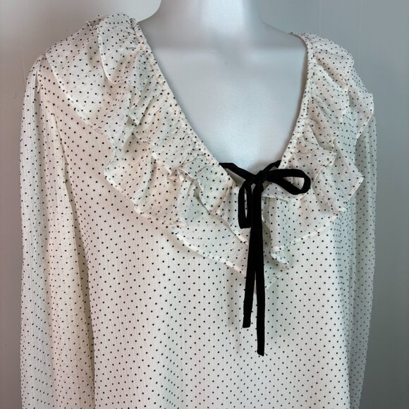 LOFT Top XL White Black Polka Dot V-Neck Ruffle Tie Long Sleeve Blouse Women's - Picture 2 of 9